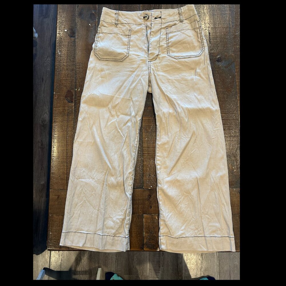 Anthropologie Maeve Colette Contrast-Stitch Linen Crop Wide-Leg Pants size 29